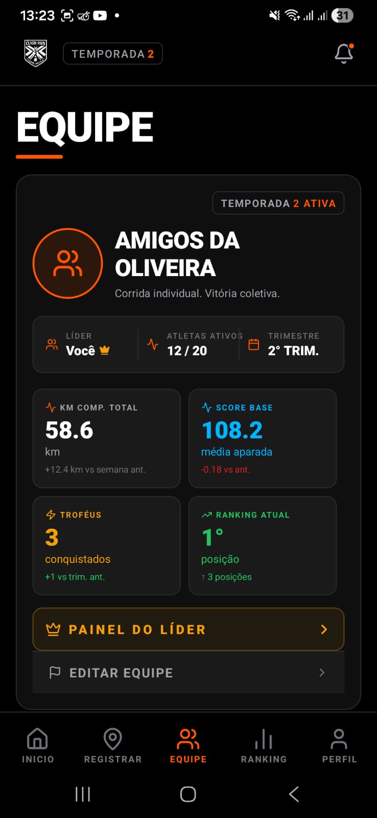 Prévia da tela de equipe no aplicativo ClashRun