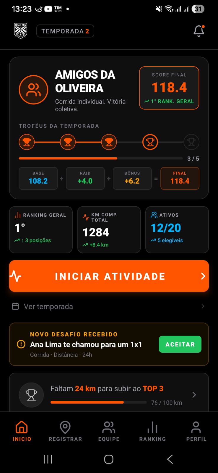 Prévia do app com Score Final, ranking e atividade da equipe